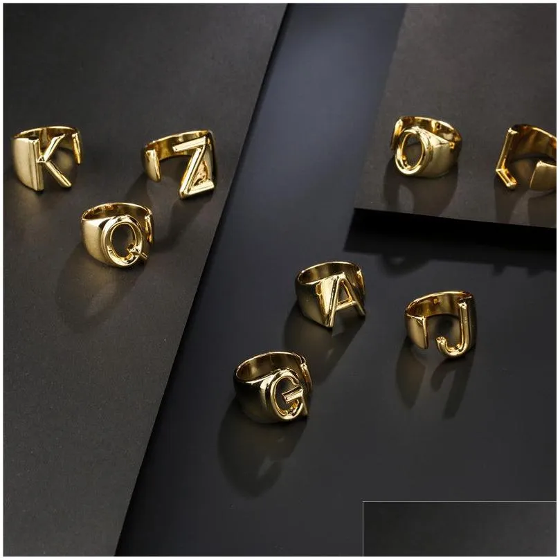 Bandringen Hol A-Z Letter Goud Kleur Metaal Verstelbare Opening Ring Initialen Naam Alfabet Vrouw Partij Grof Breed Trendy Sieraden D Dhisk