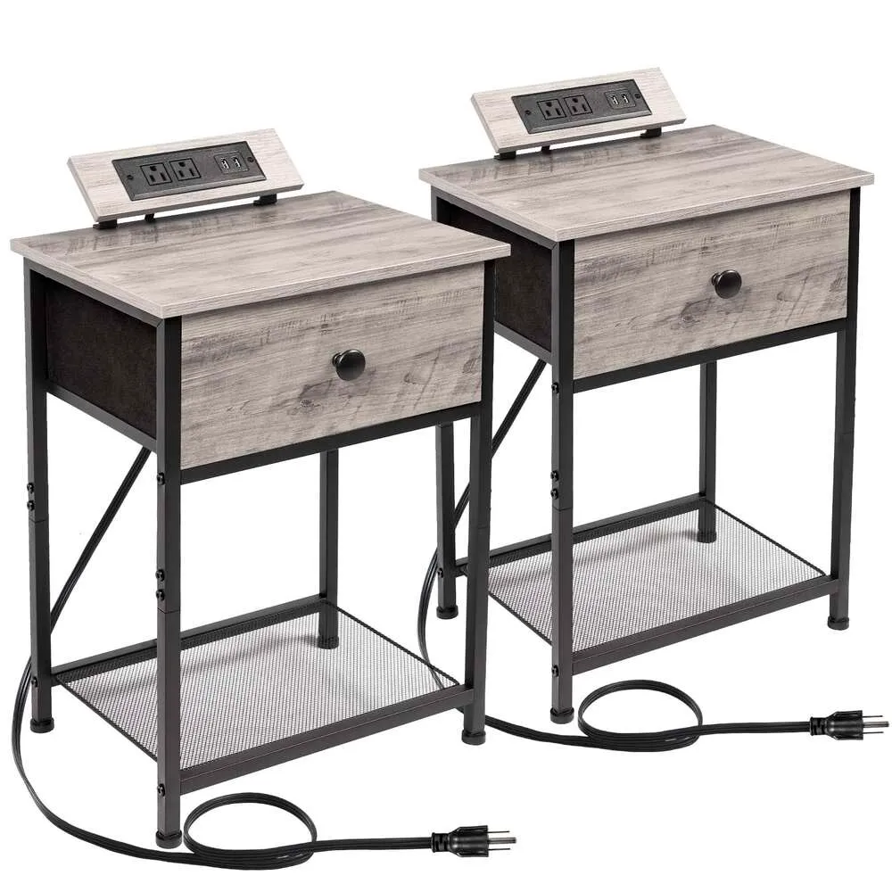 Amhancible Table, 2-Piece Set, End Charging Station, USB Port och Socket, Slender Bedside Table With Fabric Drawer, lämpligt för små utrymmen, Gerige,