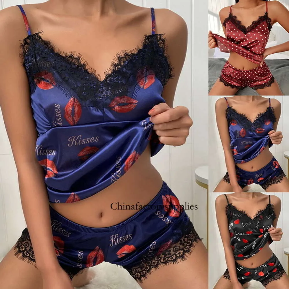 Lingerie sexy da donna Pamas Set Summer Satin Silk Lace Cami Vest Abbigliamento per la casa Top e pantaloncini Intimo per indumenti da notte