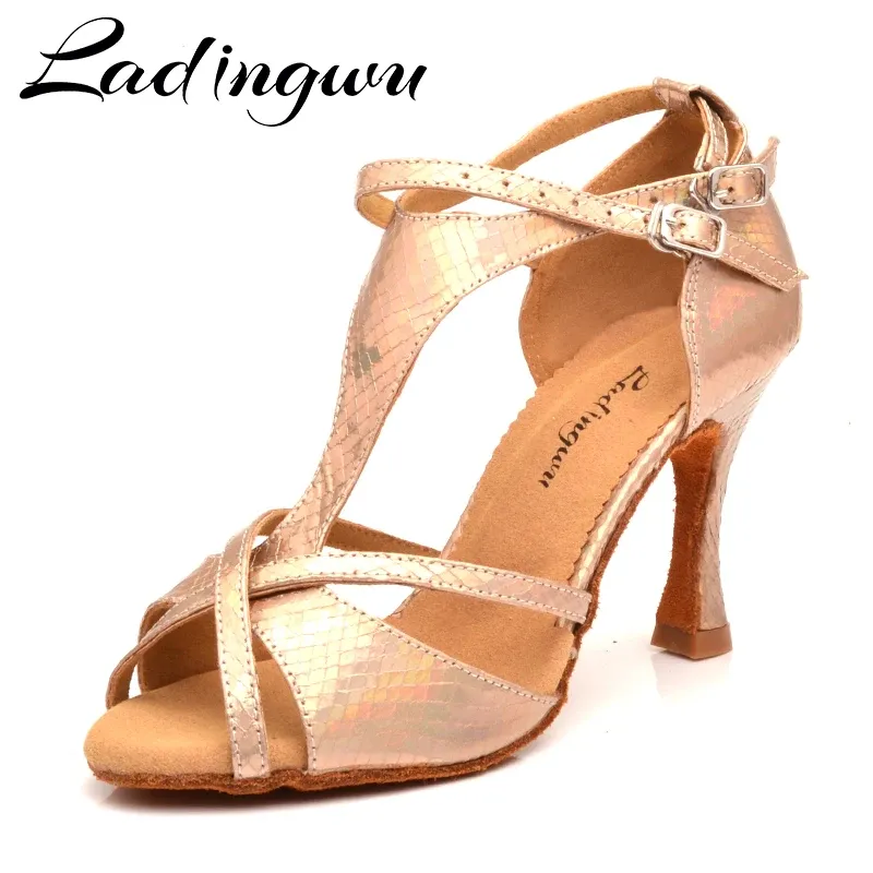 Laarzen ladingwu dans schoenen vrouw latin verkleuring slang textuur goud pu salsa dansschoenen 9 cm Cubaanse hiel tango professionele schoenen