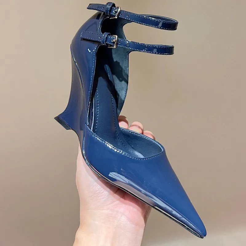 2024 summer new fashion new pointed toe double belt buckle patent leather hollow sloping heel sexy runway women's shoes in large cross-border fashion women shoes