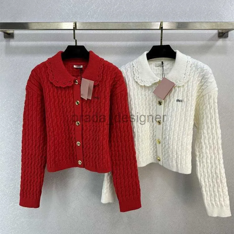 High quality Women's Knits Tees 24ss early spring new MIUI gentle age reducing white girl style letter embroidery doll neck knitted cardigan