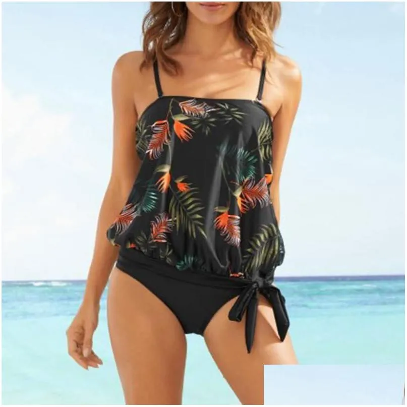 Maillots de bain pour femmes 40 feuilles imprimé floral bikini ensemble femmes lâche taille haute maillot de bain bretelles spaghetti y noeud tankini drop livraison dhgen