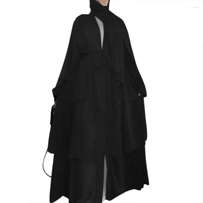 Ethnische Kleidung für Damen, Abaya mit Original-HIJAB (verschlüsseltes Chiffon), elegantes, dreilagiges Cardigan-Kleid mit Rüschenärmeln und muslimischen Nähten