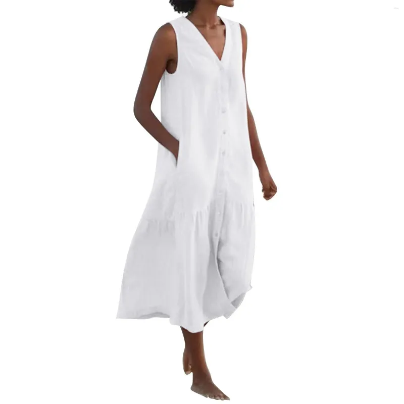 Robes décontractées Robes 2024 Vintage Robe de réservoir sans manches Femmes Élégant Coton Lin Lâche Maxi Poches d'été Boho Beach