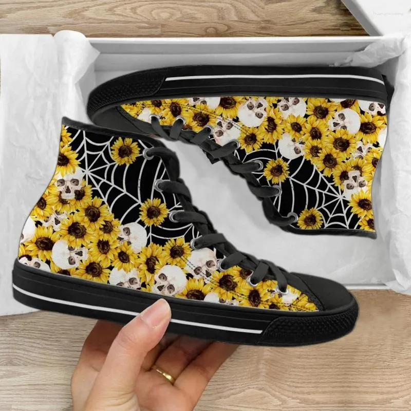 Casual Schuhe INSTANTARTS Trendy 2024 High Top Leinwand Sonnenblume Spinne Web Schädel Gedruckt Rutschfeste Männliche Skateboard Turnschuhe Geschenke