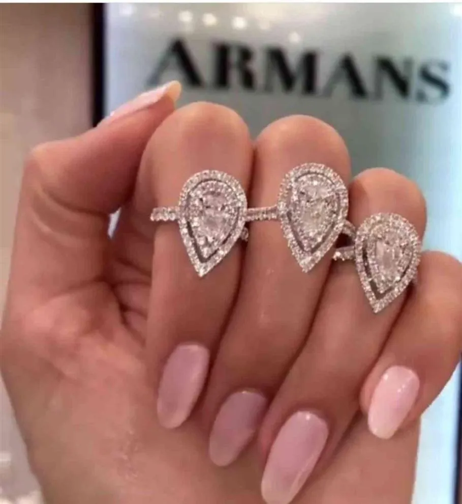 Anel de casamento clássico joias finas 925 prata esterlina pêra corte branco topázio cz diamante pedras preciosas eternidade feminino feminino noivado b6906183