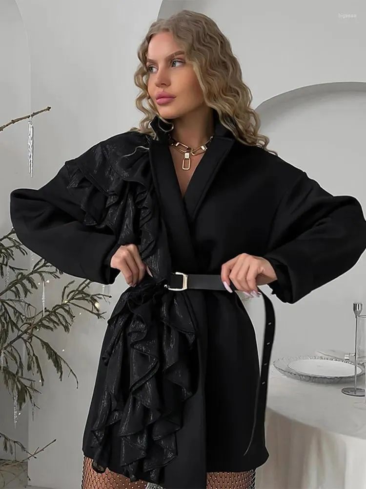 Kvinnors jackor mode staplade ruffle kant lapptäcke överrock för kvinnor snörning lapel krage långärmare jacka 2024 lady elegant gata