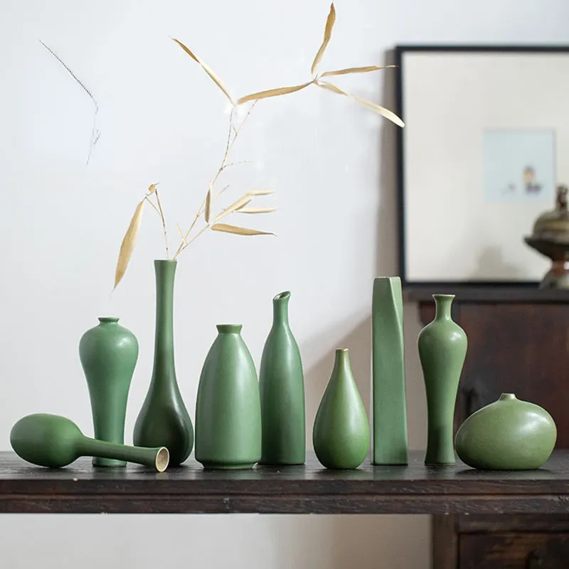 Vasi Vaso piccolo in ceramica verde Decorazione domestica in stile cinese Zen Vaso semplice per fiori secchi