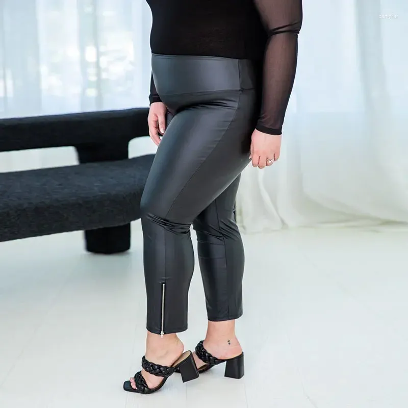 Pants Women Plus Size Matte Leather 7XL Slacks High Waist Stretch PU Trousers Hem Side Zip Ladies 6XL Bodycon Pencil