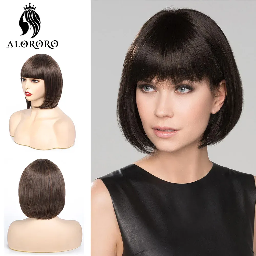 Perücken Alororo Kurze Bob-Perücke, synthetische Perücke mit Pony, 25,4 cm, natürliches schwarzes Haar, Perücken für schwarze Frauen, Party und Alltag