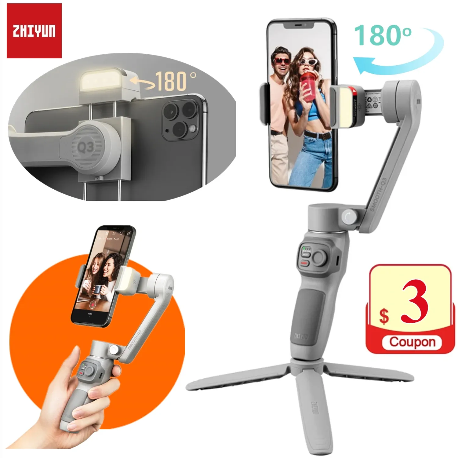 Heads Zhiyun Smooth Q3 Estabilizador Gimbal de 3 eixos para smartphone com luz de preenchimento LED Tripé para Youtube iPhone 13 12 /Galaxy S21 Ultra