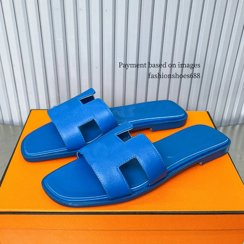 Pantoufles à fond plat en cuir bleu pantoufles pour femmes sandales de luxe designer nouvelles chaussures de plage d'été chaussures pour femmes pour les voyages et les vêtements de plein air Tailles 35-42 + boîte