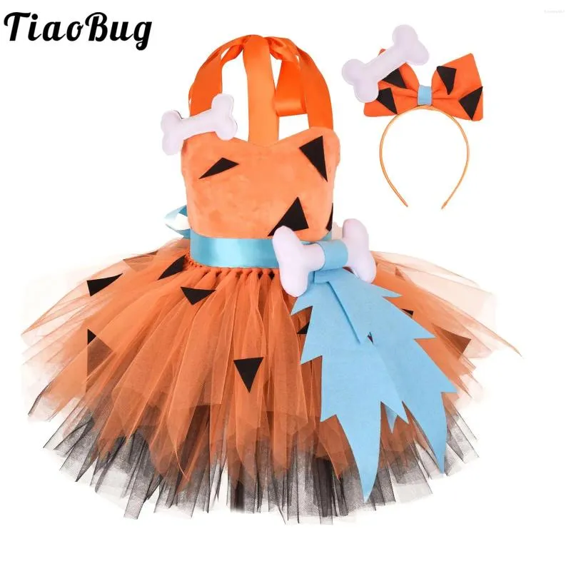 Flickaklänningar Elegant Girls Halloween Dress Toddler Kids Caveman Costume Dog Bones Historiska Cavegirl Mesh Tulle Princess Party Outfits