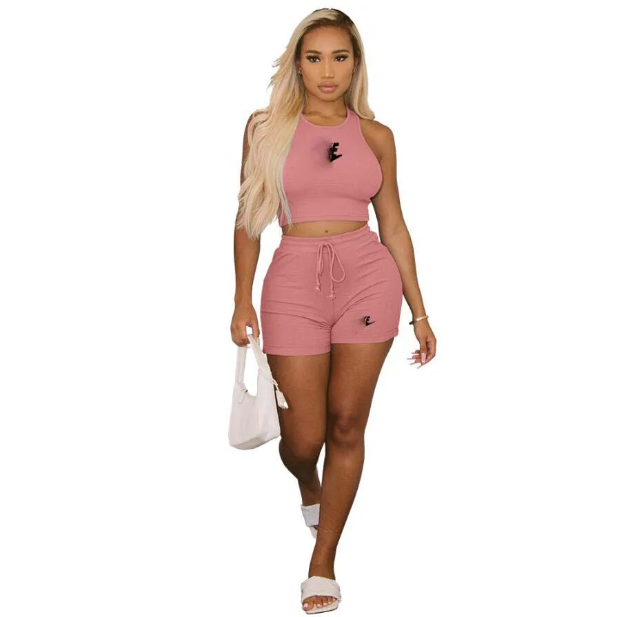 Brand Letter Print Fashion Women Tracksuits Two Piece Sets Short Sleeve Casual Bodycon Outfits Button Crop Top And Skirt Co-ord Set