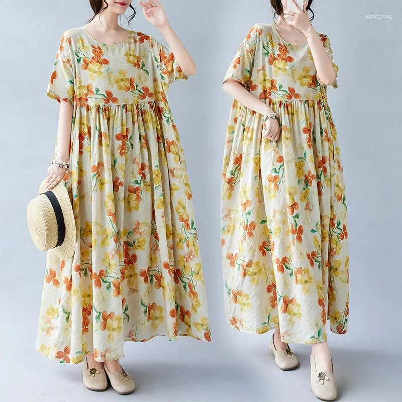 Party Dresses X2042 Summer Large Size Dress For Women Retro Short Sleeve Yellow Flowers Print Pullovers Loose Long