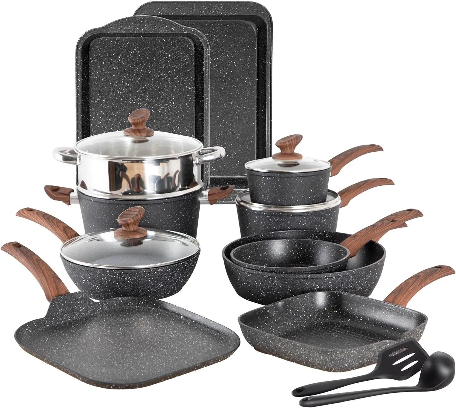 17 Piece Cookware Set Nonstick Kitchen Cooking Pots Black Granite Pots and Pans