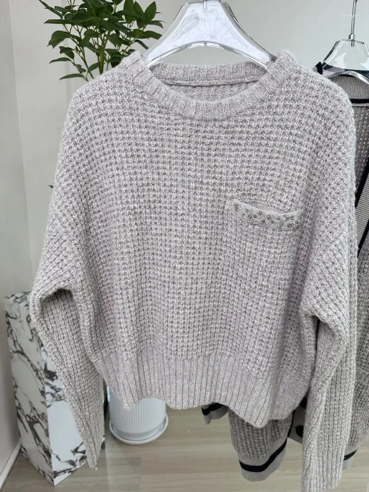 Suéteres de mujer Invierno Mujeres Lentejuelas Bordado Simple Gris Cashmere Mezcla Grueso Punto Punto Cuello Suéter