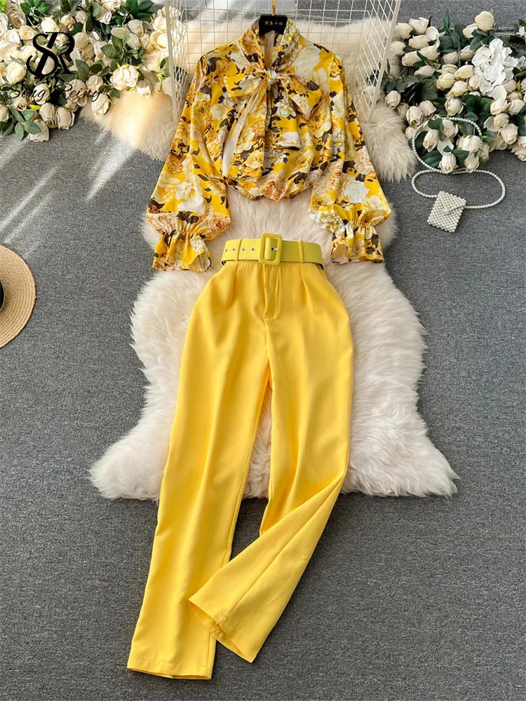 SingReiny Fashion Printed Suits Women Bow Collar Lantern Sleeve Floral BlouseBelt Solid Long Pants Streetwear Senior Set 240309