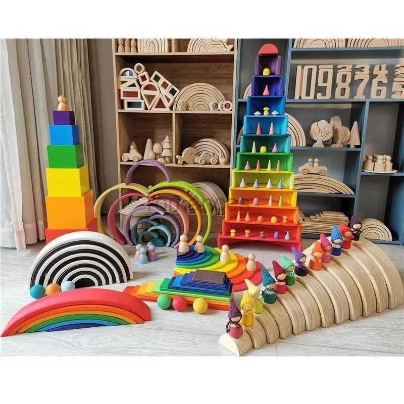 Sorting Nesting Stacking toys Childrens wooden rainbow arch stacker pink building blocks semi-circular ball boards unpainted stacking 24323