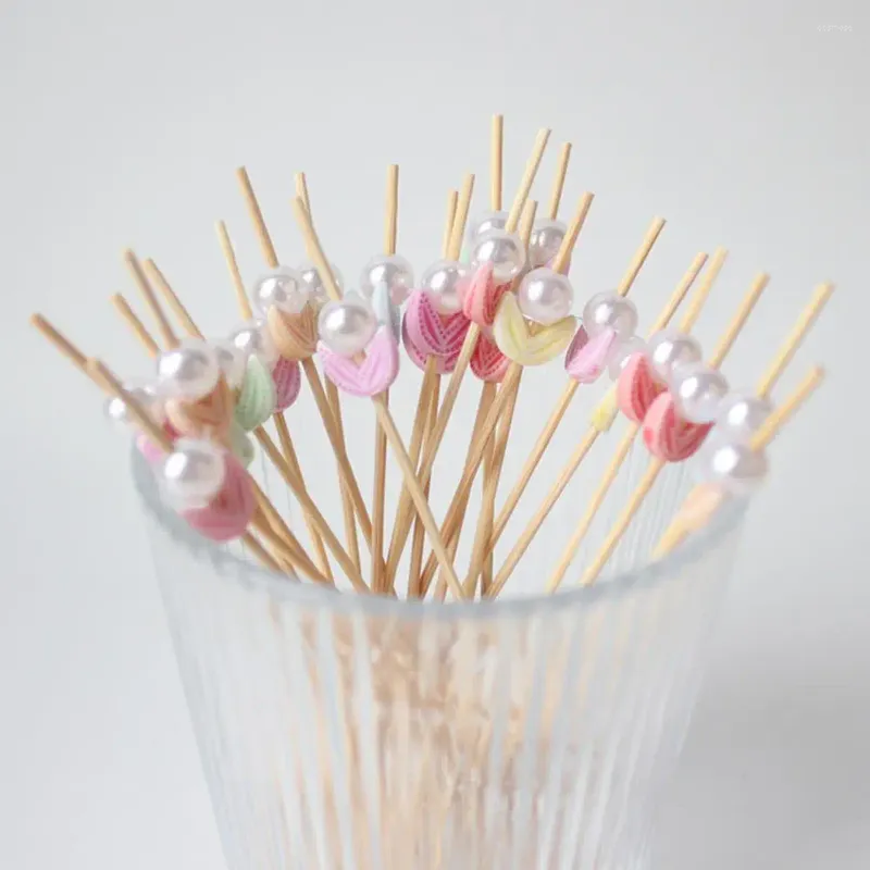 Forks çevresel olarak zarif sahte inci çiçek meyvesi büfe cupcake dekorasyonu 100 bambu kokteyl mutfak