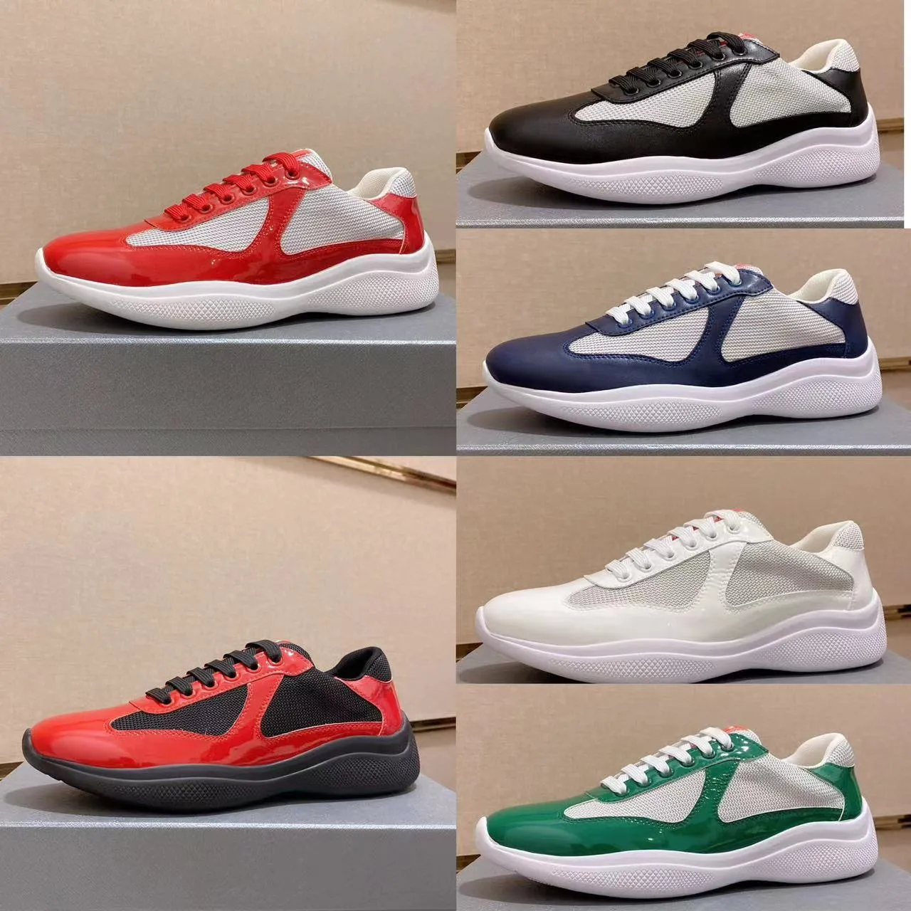 air mesh Uomo America'S P Cup Xl Scarpe da ginnastica in pelle Scarpe da ginnastica piatte in pelle verniciata di alta qualità Scarpe casual stringate nere Scarpe da ginnastica per corridori all'aperto Amante Scarpe sportive p r a d