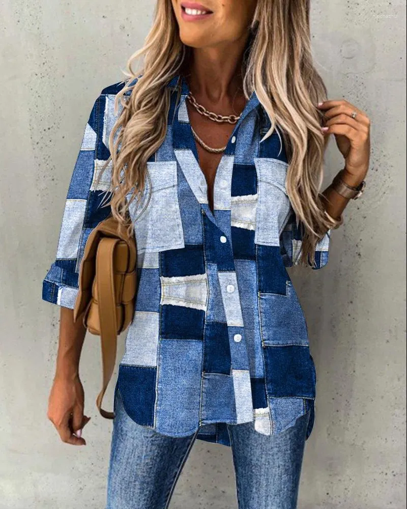 Camicette da donna Camicia con design tascabile con stampa effetto denim Camicia da donna scozzese monopetto Polsino autunnale con colletto rovesciato Cappotto lungo con bottoni