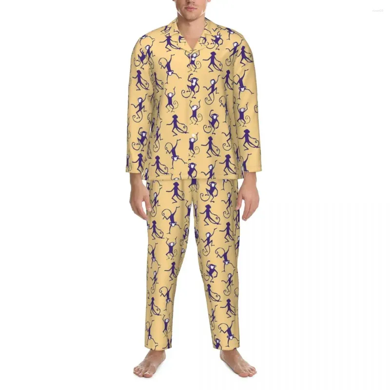 Masculino sleepwear macaco outono animal silhueta solta oversized pijama conjunto homens manga longa bonito padrão de sono nightwear