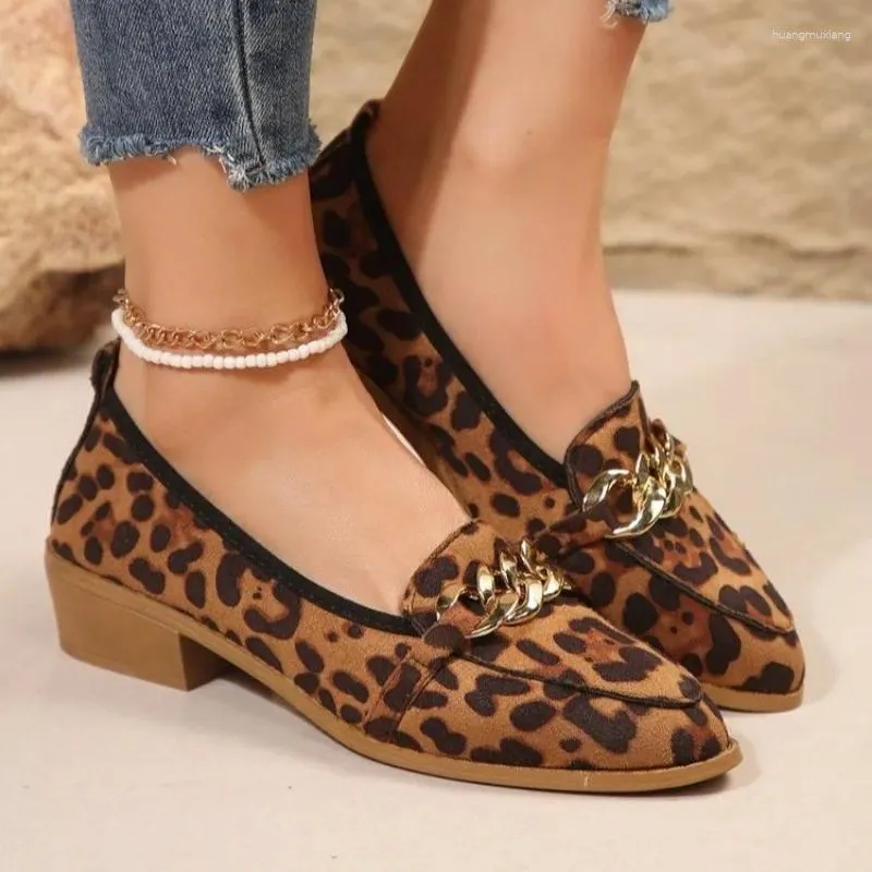 Casual Shoes Spring Fashion Leopard Print Women's Square Heels 2024 Metal Decoration Slip-On Loafers Zapatillas Mujer