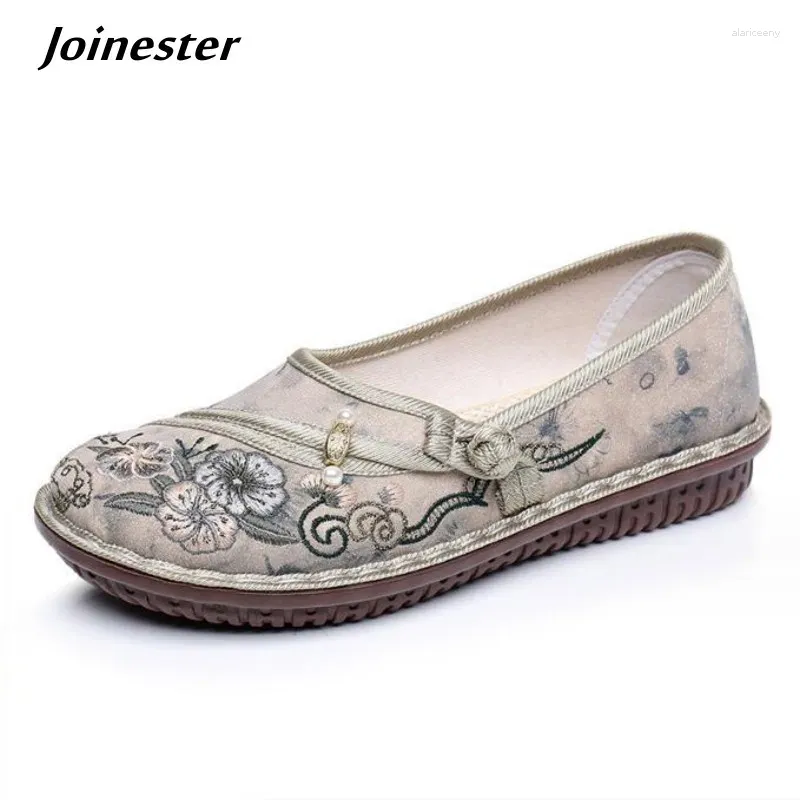 Casual Shoes Cotton Fabric Embroidered Vintage Loafer For Women Wide Round Toe Lightweight Mom Shoe Sprig Autumn Non-skid Flats