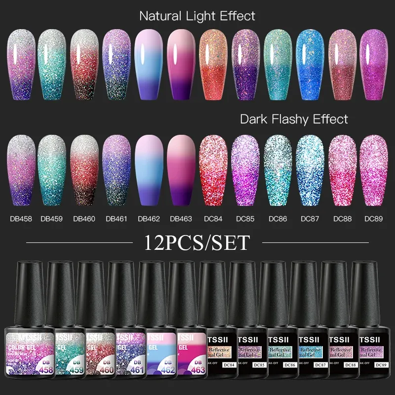 Kits 10pcs/12pcs/Set Wärmeleitnagellack Set Semi Permanent Glitzer Reflexion und leuchtende Farbe Wechselnde Gel für Winter Manicur