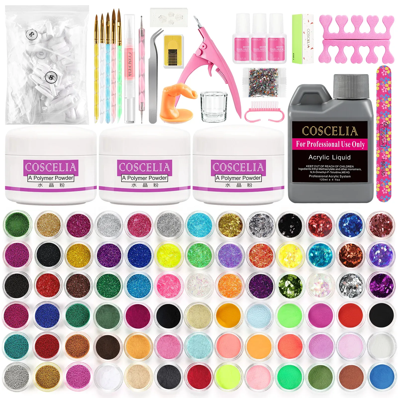 Kits coscelia acrylic liquid 78pc plitter powder uv nail gel sacrylic nail brush fake fake supplies manicure tool acrylic sets sets