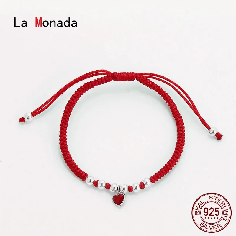 La Monada kalp Charm Kırmızı Konu El İçin Kırmızı Konu 925 STERLING Gümüş Bilezik Kırmızı İplik String Halat Bilezikleri Kadınlar için Gümüş 925 240320