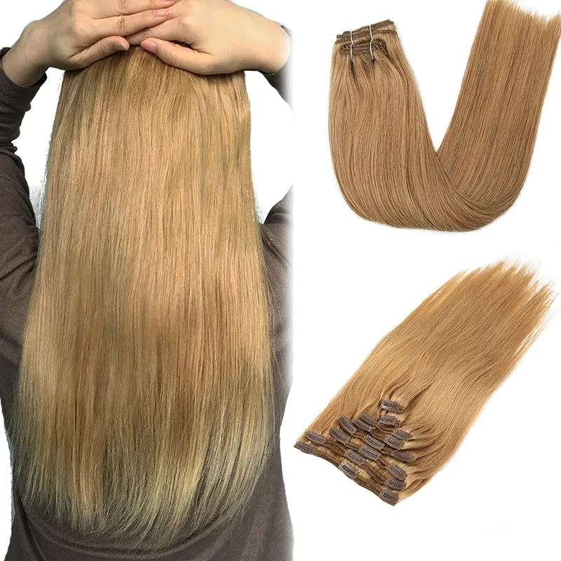 Extensions Brun Clair #27 Extensions à Clip Vrais Cheveux Humains Naturels 7/8pcs Clip ins Tête Complète 1424 pouces Ajouter du Volume Clip sur Postiches