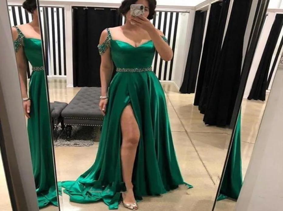 Dividir vestidos de baile verde uma linha longos vestidos de noite cristais vestidos de fiesta cetim plus size formal dress5728473