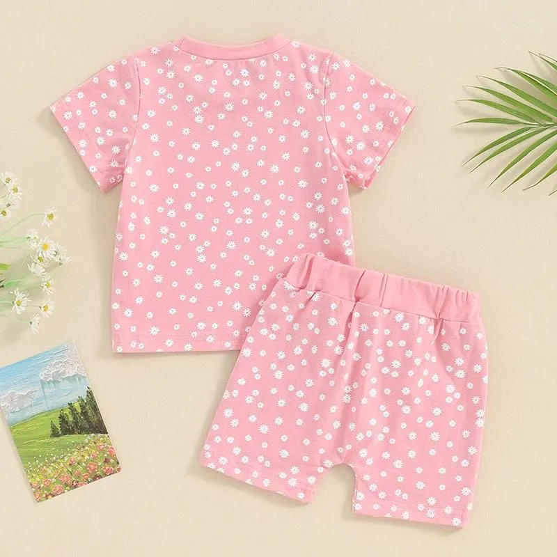 Kleidungssets Kleinkind Baby Mädchen Sommerkleidung Blumendruck Outfit Kurzarm T-Shirt Tops und Stretch Jogger Shorts Set