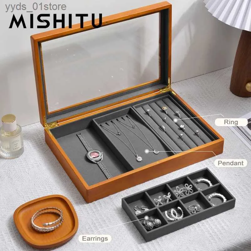 Smyckeslådor Mishitu Solid Wood smycken förvaringslåda Örhängen Halsband Pendant Ring Window Display Organizer Fall smycken Display Storage Tray L240323