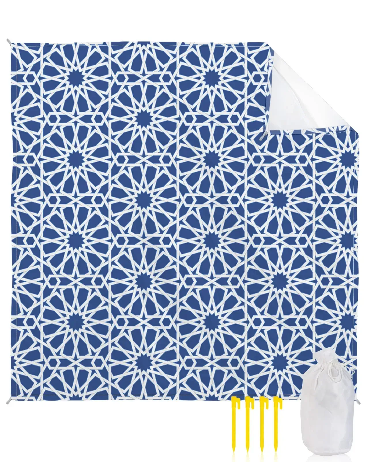 Couverture de plage extérieur tapis, géométrie moderne abstraite abstraite à l'épreuve de sable imperméable couvertures de plage pour le camping avec une fleur bleue familiale