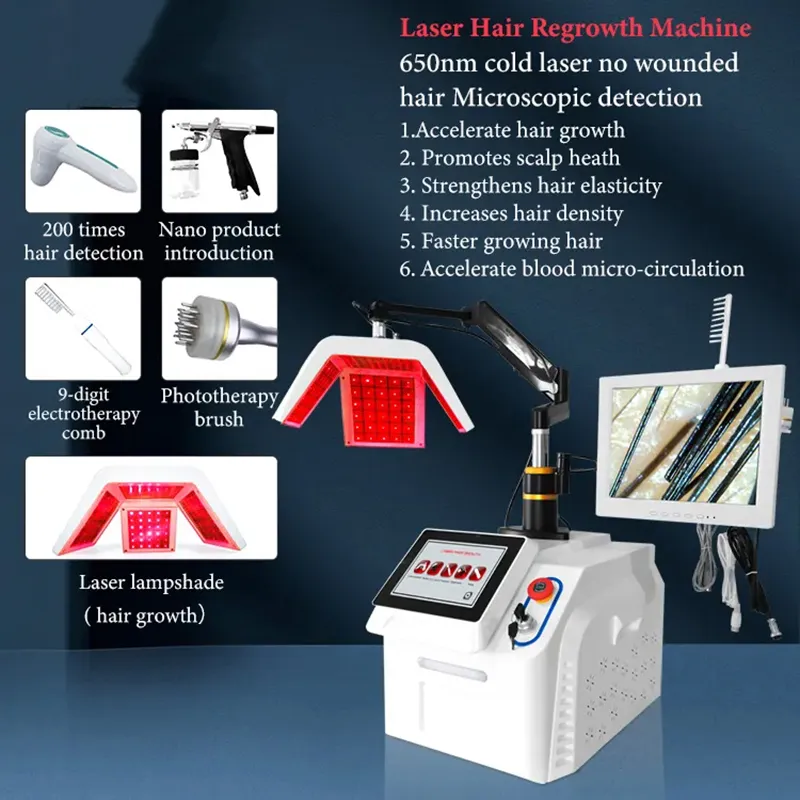 Professionell hårväxtmaskin 650 nm Cold Diod Laser Red Light Anti-Hair Loss Therapy Hair Follicle Scalp Detection Equipment