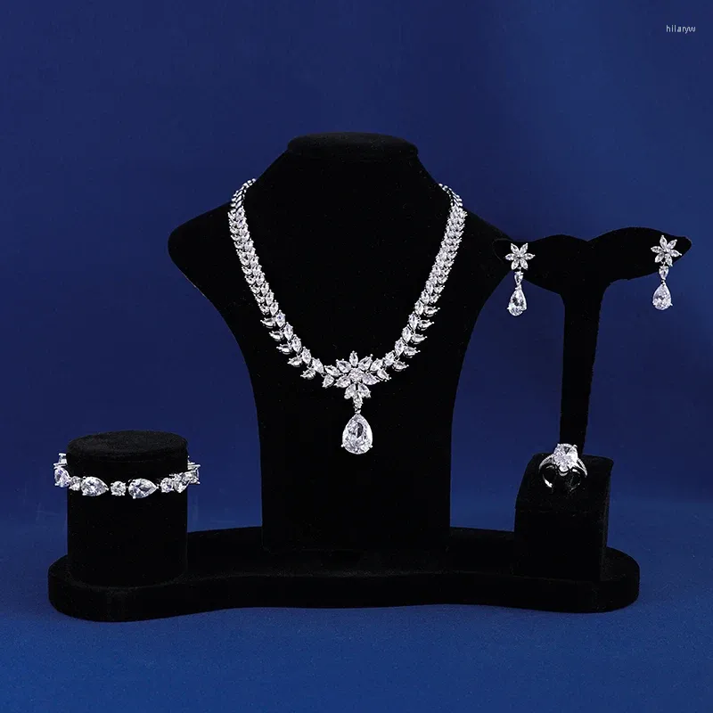Ожерелье, серьги, комплект, циркон, цветок, кристалл, серебряный цвет, кольцо, браслет для женщин, женское блестящее праздничное платье