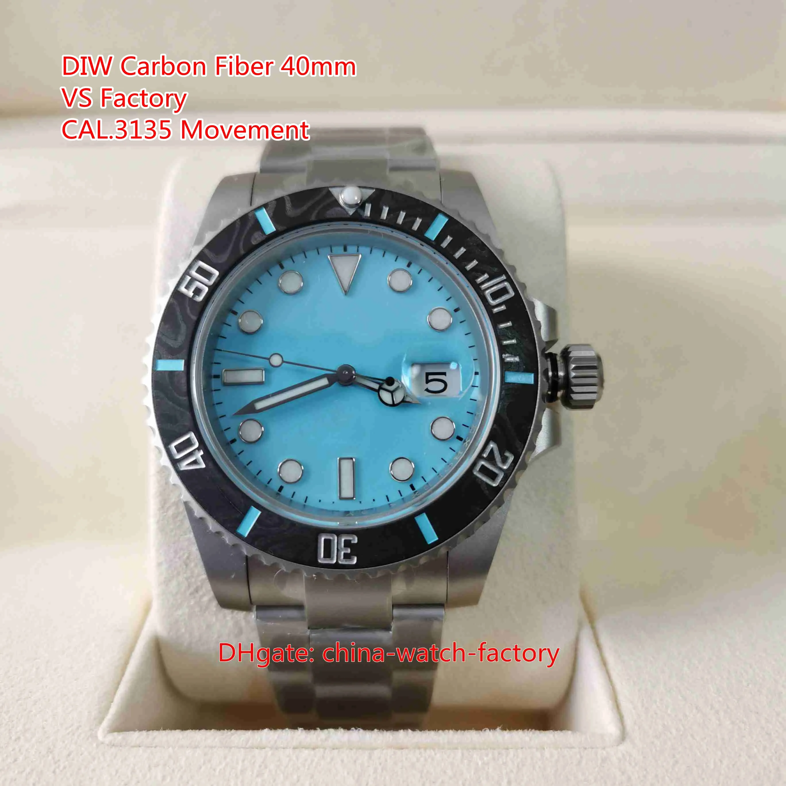 VS Factory Mens Watch VSF Bättre kvalitet 40mm 116610 Diw Carbon Fiber Bezel Luminova Watches 904l Steel Cal.3135 MECTION MEKANISKA Automatiska herrar med män