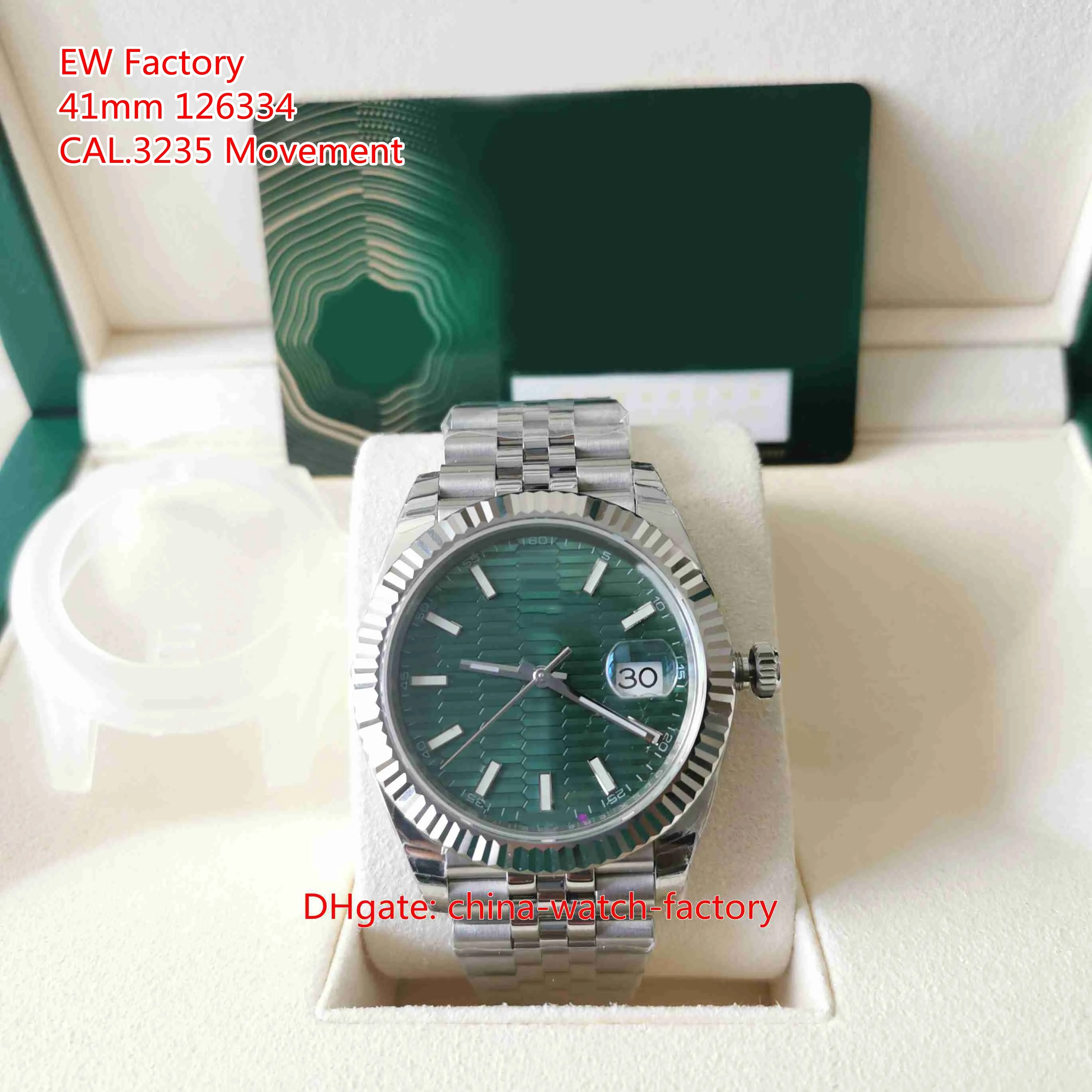 EW Factory MENS Watch Super Quality 41mm 126334-0030 Prezydent 904L Mint Mint Green Dial Luminova obserwuje CAL.3235 Ruch mechaniczny automatyczne na rękę mężczyzn