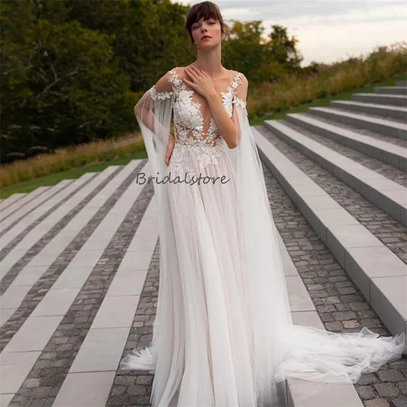 Elven Wedding Dress: Bohemian Tulle Gown With Illusion Lace