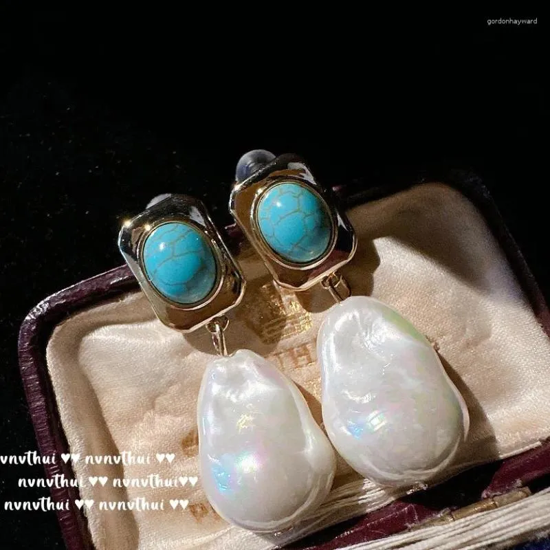 Boucles d'oreilles pendantes Maria bleu Turquoise perle baroque Vintage plaqué or 18 carats cadeau pour mariage petite amie