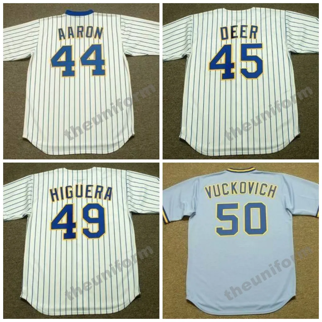 Milwaukee HANK AARON ROB DEER TEDDY HIGUERA PETE VUCKOVICH Throwback honkbalshirt voor heren, jaren 75-90, S-5XL