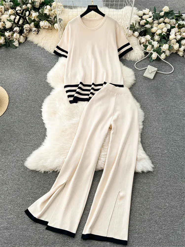 SINGREINY 2024 Spring Knitted Sets O Neck Loose TopsElastic Waist Split Long Pants Women Senior OL Home Wear Casual Suits 240309
