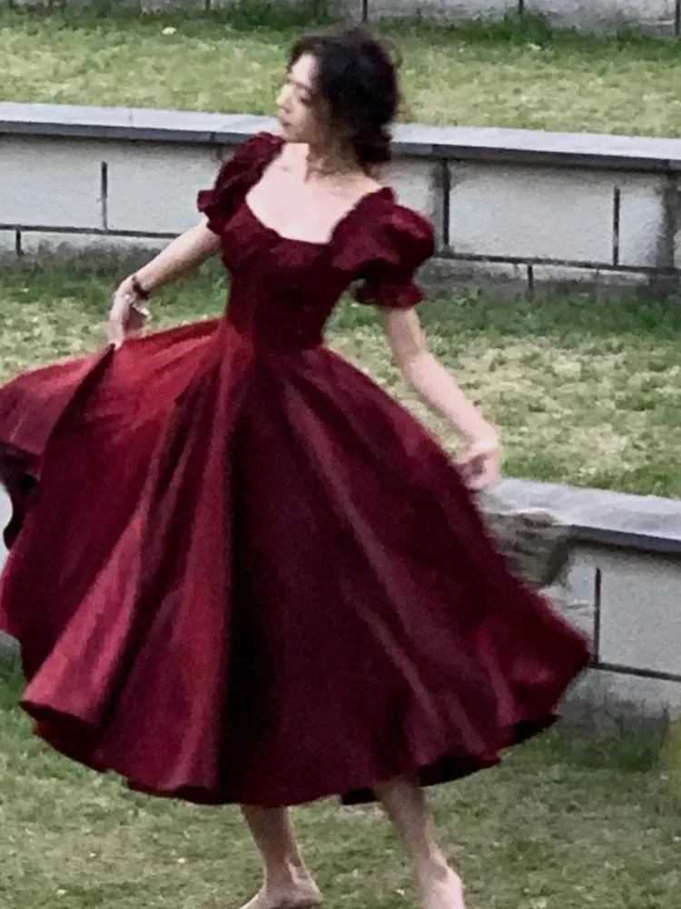 Robe de soirée française Vintage bordeaux, tenue de bal élégante et romantique, robe de remise de diplôme Aline coréenne, été 2023, 240314