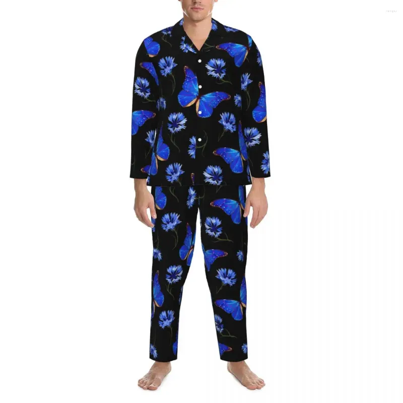 Homens sleepwear pijamas homens azul borboleta quarto nightwear floral impressão 2 peça casual pijama conjuntos de manga longa moda oversize casa terno