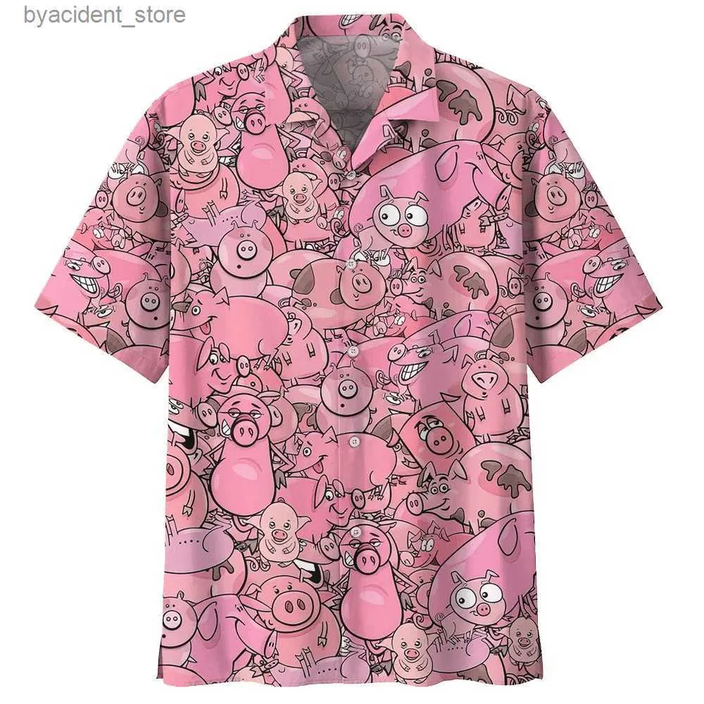 Camicie casual maschile in stile hawaiano 3d stamping rosa maialino estate camicia corta camicia corta camicia da strada l240320
