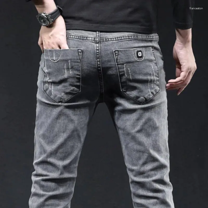 Erkek kot gri denim erkek elastik pantolon moda uzun ince cadde küçük ayaklar pantolon